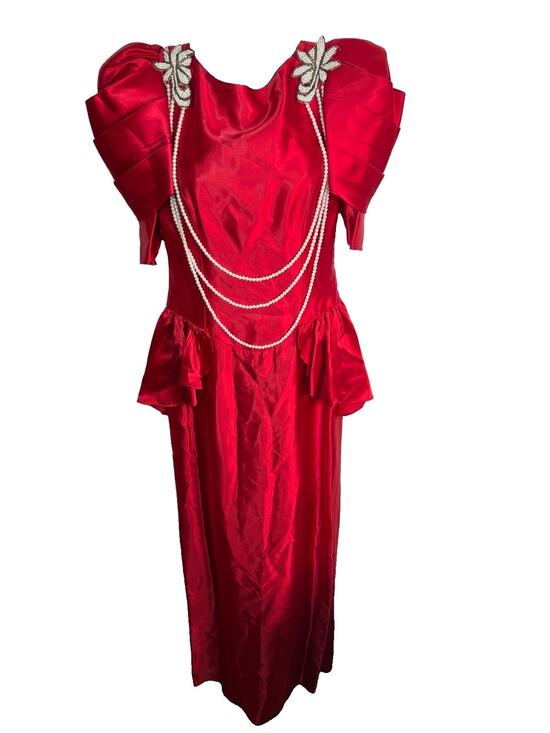 Dance Allure Dresses & Skirts - Vintage Dance Allure Red Satin Party Prom Dress Faux Pearl Appliqué Tag Sz 9/10